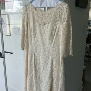 Cream lace fit and flare hem dress with CB invisible zipper and button closure